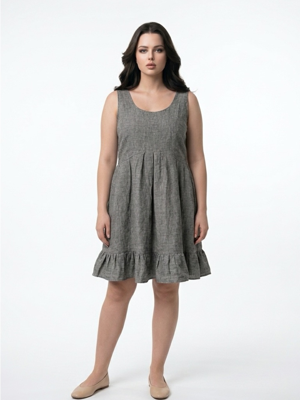 Cynthia Rowley Linen Sleeveless Gray Ruffle-Hem Midi Dress Size 12